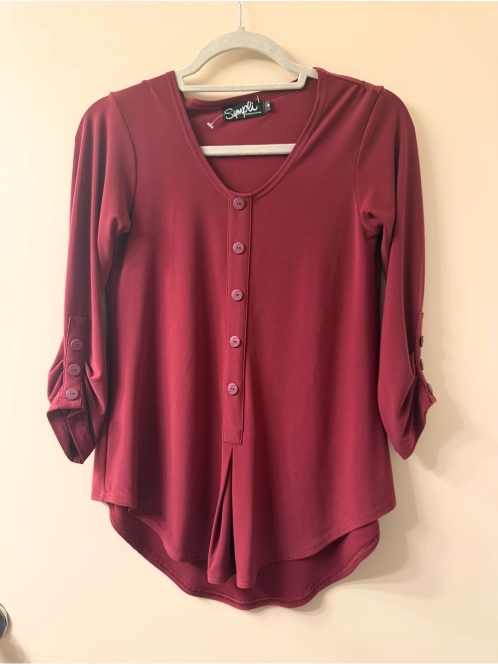 Sympli Canadian Women's Burgundy Button-Front V-Neck Top sz 4